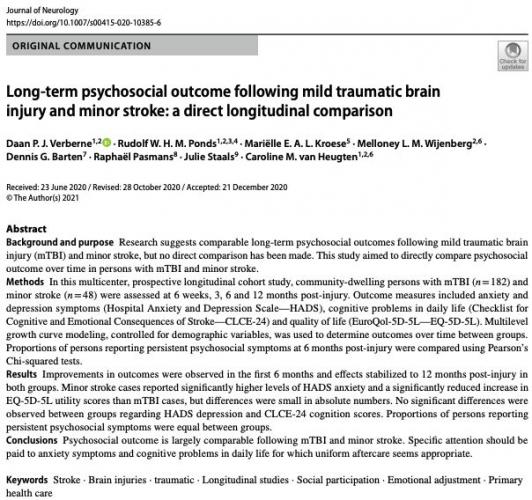 Long-term psychosocial outcome following mild traumatic brain injury and minor stroke: A direct longitudinal comparison